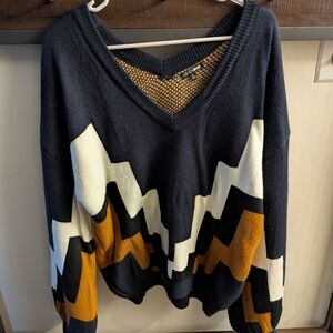 Fashion Nova Navy and Mustard Chevron V-Neck Sweater